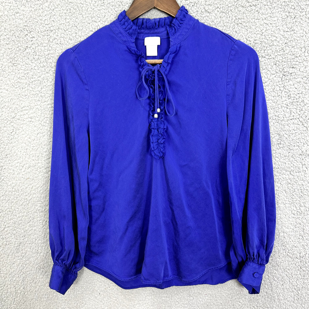 Chico's Blouse Womens 0 Blue Ruffle Neck Tie Front Modal Long‎ Sleeve Pleated
